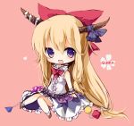  blonde_hair blush bow chain chains chibi fang hair_bow heart horn_ribbon horns ibuki_suika long_hair open_mouth purple_hair ribbon sitting smile solo touhou yukiusagi_(paretto) 