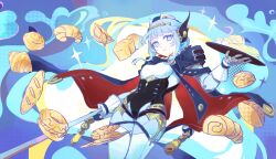  1girl absurdres android blue_eyes blue_hair cape closed_mouth commentary_request cowboy_shot genshin_impact hat highres holding holding_plate ineffa_(genshin_impact) lobsangleaf looking_at_viewer mechanical_arms medium_hair plate robot_ears sidelocks solo two-sided_cape two-sided_fabric 