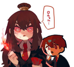  1boy 1girl black_jacket brown_hair collared_shirt hair_bun holding_matchstick jacket library_of_ruina long_hair lowell_(project_moon) mochigome_138 necktie project_moon red_eyes red_hair red_necktie shirt sidelocks simple_background speech_bubble very_long_hair white_background white_shirt xiao_(project_moon) 