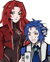  1boy 1girl 7cta ascot blue_ascot blue_hair chesed_(project_moon) cleavage_cutout clothing_cutout commentary_request cup gebura_(project_moon) hand_on_another's_head highres holding holding_cup library_of_ruina long_hair mug project_moon red_hair short_hair sweat yellow_eyes 