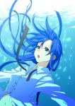  black_eyes blue_hair bubble bubbles idolmaster kisaragi_chihaya long_hair navel necktie open_mouth shirakaba_masara solo underwater 