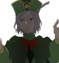  1boy blue_eyes bow bowtie cape capelet closed_mouth feathers frown green_cape green_capelet green_hat green_jacket grey_hair hands_up hat hat_feather highres jacket long_sleeves male_focus otto_suewen re:zero_kara_hajimeru_isekai_seikatsu red_bow red_bowtie short_hair simple_background solo sosssraso sweatdrop upper_body white_background 