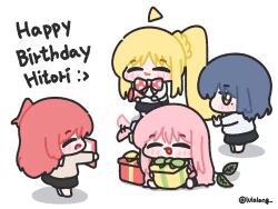 4girls :d ahoge black_skirt blonde_hair blue_hair bocchi_the_rock! bow bowtie box chibi chibi_only closed_eyes closed_mouth commentary detached_ahoge gift gift_box gotoh_hitori green_eyes hair_wagging happy happy_birthday highres holding holding_box holding_gift ijichi_nijika kessoku_band kita_ikuyo long_hair lulalang mole mole_under_eye multiple_girls one_side_up open_mouth pink_hair polka_dot polka_dot_bow polka_dot_bowtie red_bow red_bowtie red_hair shirt short_hair side_ponytail simple_background sitting skirt smile standing twitter_username untranslatable_commentary white_background white_shirt yamada_ryo 