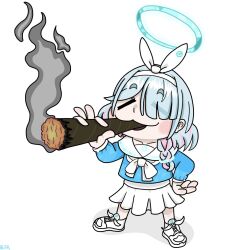  1girl arona_(blue_archive) blue_archive blue_hair blue_halo blue_shirt bow_hairband braid closed_eyes doobie_ralsei_(meme) drugs hairband halo highres holding joint_(drug) marijuana meme miniskirt pleated_skirt sailor_collar school_uniform serafuku shirt shoes side_braid sillyarona_(nastsan) simple_background skirt smoking solo white_background white_hairband white_sailor_collar white_shoes white_skirt 