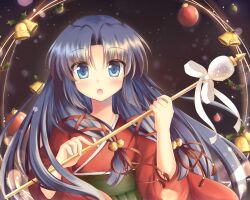  1girl :o air_(visual_novel) bell blue_eyes blush christmas christmas_ornaments clip_studio_paint_(medium) commentary eyes_visible_through_hair fingernails floating_hair green_hakama hair_bell hair_ornament hair_ribbon hakama hands_up highres holding japanese_clothes jingle_bell kannabi_no_mikoto kimono long_hair long_sleeves looking_at_viewer mistletoe mitsuna open_mouth parted_bangs red_kimono red_ribbon ribbon solo straight_hair tress_ribbon upper_body very_long_hair white_ribbon wide_sleeves 
