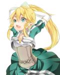  alternate_breast_size aqua_eyes armor arms_up blonde_hair choker kame^^ leafa long_hair lyfa open_mouth pointy_ears ponytail solo sword_art_online white_background 