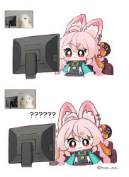  1girl :3 ? ?? animal_ear_fluff animal_ears blush chibi chibi_only closed_mouth commentary cropped_torso furry furry_female green_shirt hair_between_eyes highres hue_oo long_hair long_sleeves monitor multiple_views photo-referenced pink_fur pink_hair rabbit_ears rabbit_girl red_eyes reference_inset shirt simple_background thick_eyebrows twitter_username untranslatable_commentary white_background zenless_zone_zero zhao_(zenless_zone_zero) 