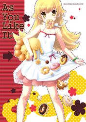  bare_shoulders blonde_hair blush_stickers doughnut ikegami_akane long_hair mister_donut monogatari_(series) nisemonogatari oshino_shinobu pointy_ears pon_de_lion yellow_eyes 