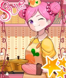  1girl apron avata_star_sue blush carrot character_name commentary cooking cooking_pot double_bun hair_bobbles hair_bun hair_ornament hat highres holding holding_carrot holding_cooking_pot horskaman indoors korean_commentary looking_at_viewer one_eye_closed oven_mitts pink_hair shirt short_hair smile solo star_(symbol) sue_(avata_star_sue) upper_body violet_eyes yellow_apron yellow_shirt 