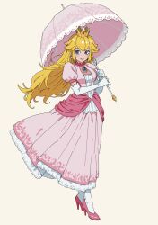  1girl blonde_hair blue_eyes brooch closed_mouth commentary_request crown dress earrings elbow_gloves full_body gloves gown h4sh1rnoto high_heels highres holding holding_umbrella jewelry long_hair looking_at_viewer mini_crown parasol pink_dress pink_shoes pink_umbrella princess princess_peach puffy_sleeves shoes simple_background smile socks solo standing super_mario_bros. umbrella white_gloves white_socks yellow_background 