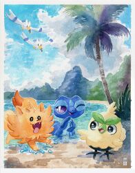  beach bird blue_skin blue_sky browt clouds colored_skin commentary fangs feathers gecqua highres no_humans ocean one_eye_closed open_mouth orange_fur outdoors palm_tree pokemon pokemon_(creature) pokemon_focus pombon sky smile tail tongue tongue_out tree trulyavaporeon water wingull yellow_feathers 