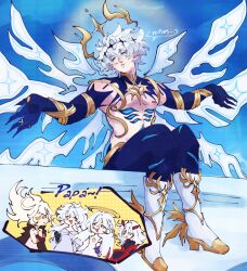  1boy 4girls absurdres alternate_universe annoyed arm_markings armor arms_up asmoday_(genshin_impact) bare_pectorals blonde_hair blue_eyes chibi closed_eyes colored_skin curly_hair dress father_and_daughter floating_hair fur_trim genshin_impact gold_armor gold_skin hair_between_eyes hair_floating_upwards hair_ornament halo happy head_tilt headpiece highres istaroth_(genshin_impact) leaning_back mature_male multicolored_skin multiple_girls muscular muscular_male naberius_(genshin_impact) nipples open_mouth orange_eyes pectorals pointy_ears ronova_(genshin_impact) samkui siblings sisters sitting smile spanish_text spoken_character star_(symbol) star_hair_ornament stomach topless_male two-tone_skin wavy_hair white_hair wings 