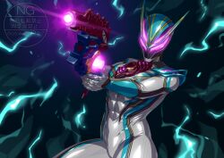  1girl abs absurdres belt between_breasts bodysuit breasts capsems commentary_request compound_eyes cowboy_shot electricity glowing glowing_eyes helmet highres holding holding_weapon kamen_rider kamen_rider_zeztz_(series) lord_six otokamu pink_eyes silver_bodysuit skin_tight solo tokusatsu twitter_username weapon 