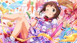  1girl ;p amami_haruka blush bowl breasts brown_hair card_commentary carrot character_name closed_mouth commentary_request cucumber floating game_cg green_eyes hairband heart holding holding_spoon idolmaster idolmaster_(classic) idolmaster_million_live! idolmaster_million_live!_theater_days kitchen looking_at_viewer official_alternate_costume official_art one_eye_closed pink_hairband plaid_clothes plaid_shirt plaid_skirt puffy_short_sleeves puffy_sleeves shirt short_hair short_sleeves skirt solo spatula spoon third-party_source tomato tongue tongue_out white_shirt wrist_cuffs 