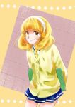  arms_behind_back blonde_hair blush cardigan hairband kise_yayoi ooshima_tomo oshima_tomo precure school_uniform short_hair skirt smile smile_precure! solo sweater yellow_eyes 