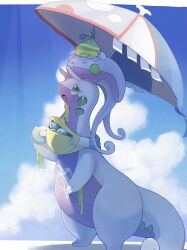  antennae blue_sky closed_eyes closed_mouth clouds colored_skin commentary_request cup disposable_cup dragon_star213 fanny_pack goodra goomy green_eyes highres holding holding_cup holding_umbrella no_humans on_head open_mouth pokemon pokemon_(creature) pokemon_focus pokemon_on_head purple_skin sky slug sweat umbrella water_balloon 