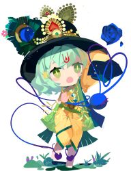  1girl alternate_costume artist_request barefoot black_hat blue_flower blue_rose blush clothing_request eyeball facial_mark flower forehead_mark full_body game_cg green_eyes green_hair hat heart heart_of_string highres indian_clothes komeiji_koishi looking_at_viewer non-web_source official_art open_mouth rose self-datamine solo third_eye tohotopia touhou transparent_background 