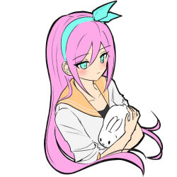  1girl animal aqua_eyes aqua_hairband aubrey_(faraway)_(omori) aubrey_(omori) bare_arms black_shirt blush bow_hairband breasts bun-bun_(omori) closed_mouth commentary_request double-parted_bangs faux_retro_artstyle flat_color from_above hair_between_eyes hairband hands_up highres holding holding_animal holding_rabbit jacket jitome light_smile long_hair looking_at_animal looking_down omori open_clothes open_jacket orange_sailor_collar pink_hair rabbit sailor_collar shirt sidelocks simple_background small_breasts solo straight_hair three-quarter_sleeves true_erg tsurime very_long_hair white_background white_jacket white_rabbit_(animal) 