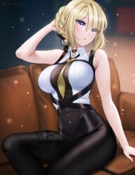  1girl arm_behind_head arm_up artist_name bare_arms bare_shoulders black_choker black_pants blonde_hair braid breasts bun_with_braided_base choker collared_shirt commission couch evelyn_chevalier gigamessy hair_between_eyes hair_bun halter_shirt halterneck high-waist_pants highres jewelry large_breasts latex_pants light_particles looking_at_viewer medium_hair mole mole_under_eye necktie on_couch pants parted_bangs parted_lips pendant pendant_choker shirt sidelocks signature single_hair_bun sitting solo tight_clothes tight_pants violet_eyes white_shirt wing_collar yellow_necktie zenless_zone_zero 