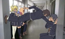  2boys 4girls ? arimura_hinae black_jacket black_pants black_thighhighs blazer blonde_hair blue_eyes blue_hair bow brown_shoes chaos;child chirp_co2 dress_shirt hair_bow hair_ribbon hand_up hekiho_academy_school_uniform itou_shinji_(chaos;child) jacket kazuki_hana kurusu_nono loafers long_hair miyashiro_takuru multiple_boys multiple_girls multiple_hair_bows necktie onoe_serika open_clothes open_jacket open_mouth pants photo_background pink_hair pose_request red_necktie red_ribbon ribbon school_uniform science_adventure shirt shoes short_hair smug spoken_question_mark thigh-highs twintails two_side_up white_ribbon white_shirt white_thighhighs 