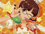  :o ai-kun akizuki_ritsuko annindoufu_(oicon) armpits braid brown_eyes brown_hair cosplay glasses idolmaster macross macross_frontier microphone official_art parody ranka_lee ranka_lee_(cosplay) ribbon seikan_hikou short_hair simple_background star twin_braids wallpaper wink 