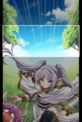  0_0 2girls aura_(sousou_no_frieren) black_pantyhose blue_gloves blue_sky blush breasts capelet clouds commentary_request demon_horns disembodied_head dress dribbling_(basketball) earrings emphasis_lines expressionless frieren fujitaka_nasu gloves grass green_eyes grey_hair headless highres horns jewelry looking_at_viewer medium_breasts medium_skirt motion_lines multiple_girls pantyhose pillarboxed pointy_ears purple_hair shirt skirt sky sousou_no_frieren striped_clothes striped_shirt teardrop_earrings tears tree twintails viewfinder white_capelet white_skirt 