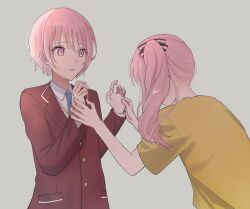  2others aged_down akiyama_mizuki akiyama_mizuki_(middle_school) aose_(aose_pp) bare_arms black_bow blazer blue_necktie bow brown_sweater buttons collared_shirt commentary_request crying drill_hair dual_persona face-to-face film_grain fingernails from_behind grey_background hands_on_another's_hands hands_up heart high_side_ponytail highres jacket keikyoku_no_machi_wa_doko_e_(project_sekai) layered_sleeves long_hair long_sleeves looking_at_another multiple_others necktie other_focus pink_eyes pink_hair pocket project_sekai raised_inner_eyebrows red_jacket school_uniform shirt short_hair short_sleeves side_drill side_ponytail sidelocks simple_background striped_bow sweat sweater t-shirt tareme tears time_paradox two-tone_bow upper_body white_bow white_shirt yellow_shirt 