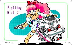  1990s_(style) 1girl akazawa_kanji artist_name bad_id belt big_hair blue_belt blue_eyes boots bow brown_boots brown_gloves bulletproof_vest dated finger_on_trigger full_body gloves gun hair_bow handgun holding holding_gun holding_weapon hover_bike long_hair looking_at_viewer motor_vehicle open_mouth original pants pc-98_(style) pink_hair ponytail red_bow retro_artstyle science_fiction shadow shirt shoulder_pads smile solo weapon white_pants white_shirt 