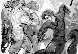  2boys a_knight_of_the_seven_kingdoms a_song_of_ice_and_fire absurdres beard black_hair collared_shirt dancing duncan_the_tall facial_hair greyscale hashtag-only_commentary highres ill_(211_415) jewelry long_sleeves lyonel_baratheon male_focus monochrome multiple_boys music necklace parted_lips shirt short_hair sketch sleeves_rolled_up smile wavy_hair 