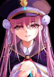  1girl absurdres black_capelet capelet commentary_request crossed_fingers fuuka_koji hat heaven_burns_red highres kunimi_tama long_hair looking_at_viewer pink_eyes pink_hair sailor_hat 