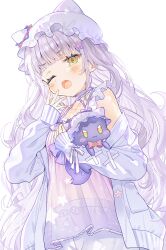  1girl absurdres animal_hat blush choker collarbone covering_own_mouth cowboy_shot dress frilled_choker frilled_dress frilled_hat frilled_straps frills green_eyes grey_hair hair_ornament half-closed_eye hand_over_own_mouth hat highres holding holding_stuffed_toy jacket long_hair long_sleeves looking_at_viewer multicolored_eyes navel one_eye_closed open_clothes open_jacket open_mouth orange_eyes original pom_pom_(clothes) purple_choker purple_dress purple_ribbon ribbon see-through_clothes short_hair shorts sidelocks simple_background sleepy sleeves_past_wrists solo standing star_(symbol) star_hair_ornament stomach stuffed_animal stuffed_toy teeth tongue upper_teeth_only very_long_hair wasemkn white_background white_hat white_jacket white_shorts yawning 