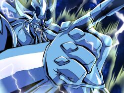  1boy aura blue_skin broly_(dragon_ball_z) colored_skin dragon_ball dragon_ball_z duel_monster electricity highres m_s_paragus male_focus muscular muscular_male obelisk_the_tormentor parody scene_reference solo yu-gi-oh! 