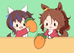  2girls :3 :d animal_ears blue_streaks blush brown_hair carrot chibi chibi_only commentary_request daitaku_helios_(umamusume) ear_covers fang food gomashio_(goma_feet) hair_between_eyes hair_ornament hairclip holding holding_food horse_ears horse_girl horse_tail jacket long_hair long_sleeves mejiro_palmer_(umamusume) motion_lines multicolored_hair multiple_girls open_mouth red_jacket short_hair simple_background smile streaked_hair tail throwing tracen_training_uniform track_jacket umamusume upper_body v-shaped_eyebrows white_streaks |_| 