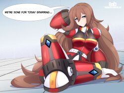  1girl absurdres armor blue_eyes brown_hair commentary english_commentary english_text full_body highres iris_-another-_(mega_man) long_hair looking_at_viewer mega_man_(series) mega_man_x_(series) mega_man_x_dive red_armor rob_(robarts) solo speech_bubble 