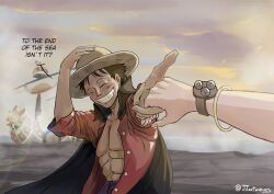  1boy 1girl absurdres artist_name black_cape black_hair bracelet cape clenched_teeth closed_eyes commentary english_commentary english_text evening going_merry hand_on_headwear hat highres holding_hands jewelry jjartaveces log_pose monkey_d._luffy nami_(one_piece) ocean one_piece open_clothes open_shirt outdoors red_shirt scar scar_on_cheek scar_on_face ship shirt short_hair short_sleeves smile straw_hat teeth watercraft 
