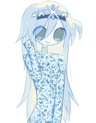  1018sus 1girl absurdres black_hairband blue_hair blue_shirt blue_skin breasts closed_mouth colored_skin commentary cowlick double-parted_bangs eunoia_(frozen_soul) fewer_digits frozen_soul green_eyes hair_between_eyes hairband hand_up highres impossible_clothes impossible_shirt long_hair long_sleeves looking_at_viewer no_nose no_pupils roblox shirt simple_background small_breasts smile solo tareme turtleneck turtleneck_shirt untranslatable_commentary upper_body very_big_eyes very_long_hair white_background 