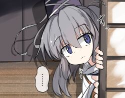 ... 1girl black_hat blue_eyes closed_mouth commentary_request grey_hair hat highres long_hair looking_at_viewer mononobe_no_futo peeking_out ponytail safupara_(crnsrd65) solo tate_eboshi touhou upper_body 