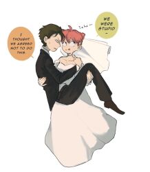 1boy 1girl aged_up ahoge anya_(spy_x_family) belt black_pants black_suit bridal_veil bride brown_belt brown_hair brown_shoes choker closed_mouth collarbone commentary cone_hair_bun damian_desmond dress english_text fortist_166 from_side full_body giggling groom hair_bun hand_on_another's_back hand_on_another's_leg hand_on_another's_shoulder hetero high_collar invisible_floor long_sleeves looking_to_the_side looking_up narrowed_eyes open_mouth pants pink_hair profile reverse_princess_carry shirt shoes short_hair simple_background speech_bubble spy_x_family standing suit sweatdrop tongue tongue_out veil wedding wedding_dress white_background white_choker white_dress white_shirt