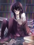  black_hair black_legwear brown_eyes feet highres jitome long_hair looking_at_viewer messy_hair no_shoes original pantyhose payot ponytail school_uniform sitting solo toes tsuzuri_(itosousou) 