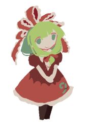  1girl bow closed_mouth commentary dress facing_ahead flat_color front_ponytail full_body green_eyes green_hair hair_bow hashtag-only_commentary kagiyama_hina long_hair multiple_hair_ribbons no_lineart puffy_short_sleeves puffy_sleeves red_bow red_dress red_ribbon ribbon rrrssr short_sleeves simple_background smile solid_eyes solo standing touhou v_arms white_background 