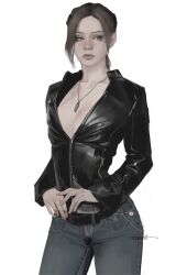  black_eyeshadow black_jacket brown_hair claire_redfield cropped_legs denim eyeshadow hashtag-only_commentary hello_kitty highres jacket jeans jewelry leather leather_jacket looking_to_the_side makeup necklace pants partially_unzipped resident_evil sanrio simple_background solo todd1e1 white_background 