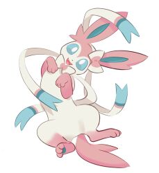  :d animal_focus blue_eyes bow bright_pupils fangs full_body highres june_buns looking_at_viewer lying no_humans on_back open_mouth pawpads pink_fur pokemon pokemon_(creature) pokemon_focus ribbon simple_background smile solo sylveon two-tone_fur white_background white_fur white_pupils 