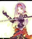  antenna_hair armor bare_shoulders detached_sleeves fingerless_gloves gloves hair_intakes hairband highres kame^^ letterboxed long_hair open_mouth pointy_ears poorly_drawn purple_hair red_eyes solo sword sword_art_online tears weapon yuuki_(sao) 