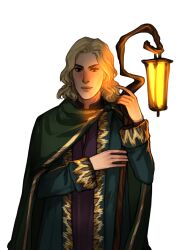  1boy arrapso blonde_hair cloak collared_shirt cowboy_shot facing_viewer glowing gold_trim green_robe hand_up highres holding holding_lantern holding_staff lake_of_voices lantern large_variant_set light_smile looking_at_viewer male_focus non-web_source official_art red_shirt robe self-datamine shirt short_hair sidelighting smirk solo staff tachi-e the_guide_(lake_of_voices) variant_set wavy_hair 