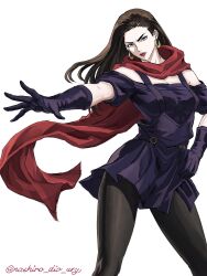  1girl apron artist_name battle_tendency dress highres jojo_no_kimyou_na_bouken lisa_lisa mature_female nashiro_dio_ury off-shoulder_dress off_shoulder polka_dot polka_dot_apron red_scarf red_stone_of_aja scarf signature solo striped_clothes striped_scarf twitter_username 