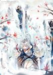  animal_ears blurry branch depth_of_field detached_sleeves falling hat highres inubashiri_momiji japanese_clothes leaf maple_leaf red_eyes shinigamiwyvern short_hair solo tokin_hat touhou tree water waterfall watermark web_address white white_hair 