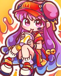  1girl absurdres bell commentary_request deformed double_bun drink drinking hair_bell hair_bun hair_ornament highres iyashinoyuonsen long_hair looking_at_viewer mcdonald's purple_hair ranma_1/2 shampoo_(ranma_1/2) shoes sidelocks sitting sneakers socks violet_eyes visor_cap white_socks 