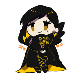  1girl big_bird_(project_moon) binah_(project_moon) black_cape black_dress black_hair cape closed_mouth dress earrings jewelry lobotomy_corporation mochigome_138 project_moon short_hair simple_background single_earring smile solo two-sided_cape two-sided_fabric white_background yellow_cape yellow_eyes 