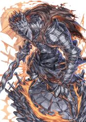  1other armor cape coiled_sword dark_souls_(series) dark_souls_iii embers fire flaming_sword flaming_weapon full_armor gauntlets helm helmet highres holding holding_sword holding_weapon knight nameno92372763 other_focus solo soul_of_cinder standing sword weapon 