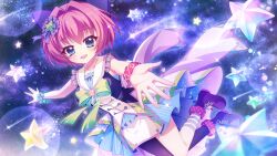  1girl ankle_scrunchie asymmetrical_legwear blue_dress blue_eyes blue_wrist_cuffs boots bow bowtie breasts brooch card_commentary dot_nose dress film_grain game_cg green_bow green_bowtie hair_bow hair_intakes hair_ornament hiiragi_kae idol idol_clothes izumi_tsubasu jewelry kirare_idol_uniform lace-up_boots large_bow lens_flare looking_at_viewer medium_breasts mismatched_legwear non-web_source official_art open_mouth outstretched_arms pantyhose pink_hair pink_scrunchie polka_dot polka_dot_scrunchie print_scrunchie purple_boots purple_bow purple_pantyhose purple_scrunchie re:stage! reaching reaching_towards_viewer sailor_collar scrunchie self-datamine shooting_star short_dress short_hair single_leg_pantyhose single_wrist_cuff sleeveless sleeveless_dress smile solo star_(sky) star_(symbol) star_brooch star_print starry_sky_background striped_bow striped_bowtie striped_clothes white_sailor_collar wrist_cuffs wrist_scrunchie 